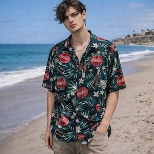 Enjoy Coca Cola Button-Up Hawaiian Shirt Mens Size S Cabana Tropical Lightweight